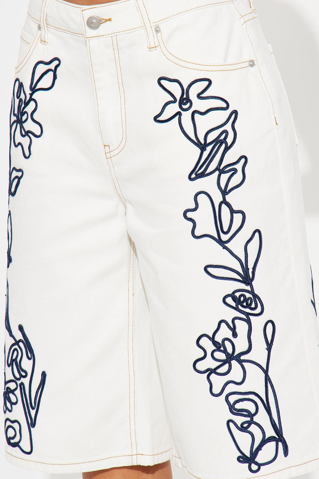 Ellanor Embroidered Non Stretch Denim Jorts - White Product Image