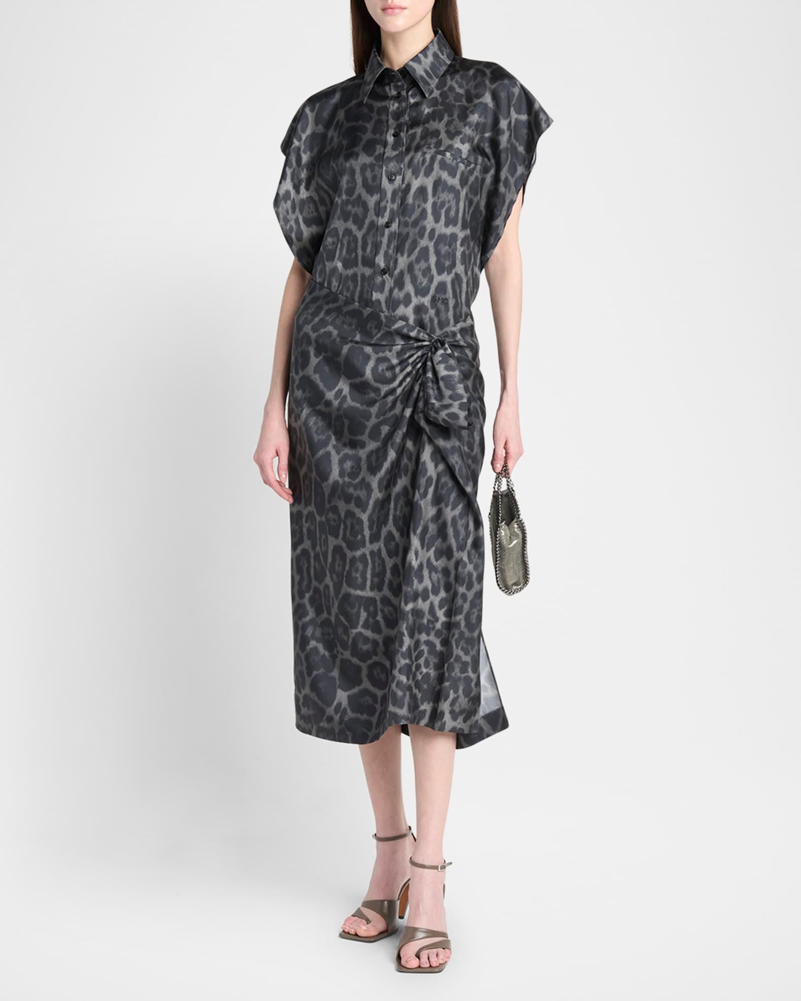 Leopard-Print Silk Cap-Sleeve Button-Down Top Product Image