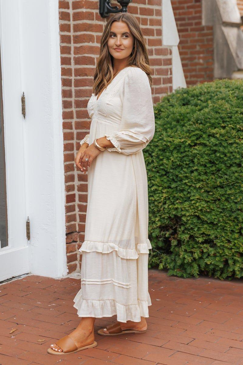 Natural Lace Embroidered Tiered Maxi Dress Product Image
