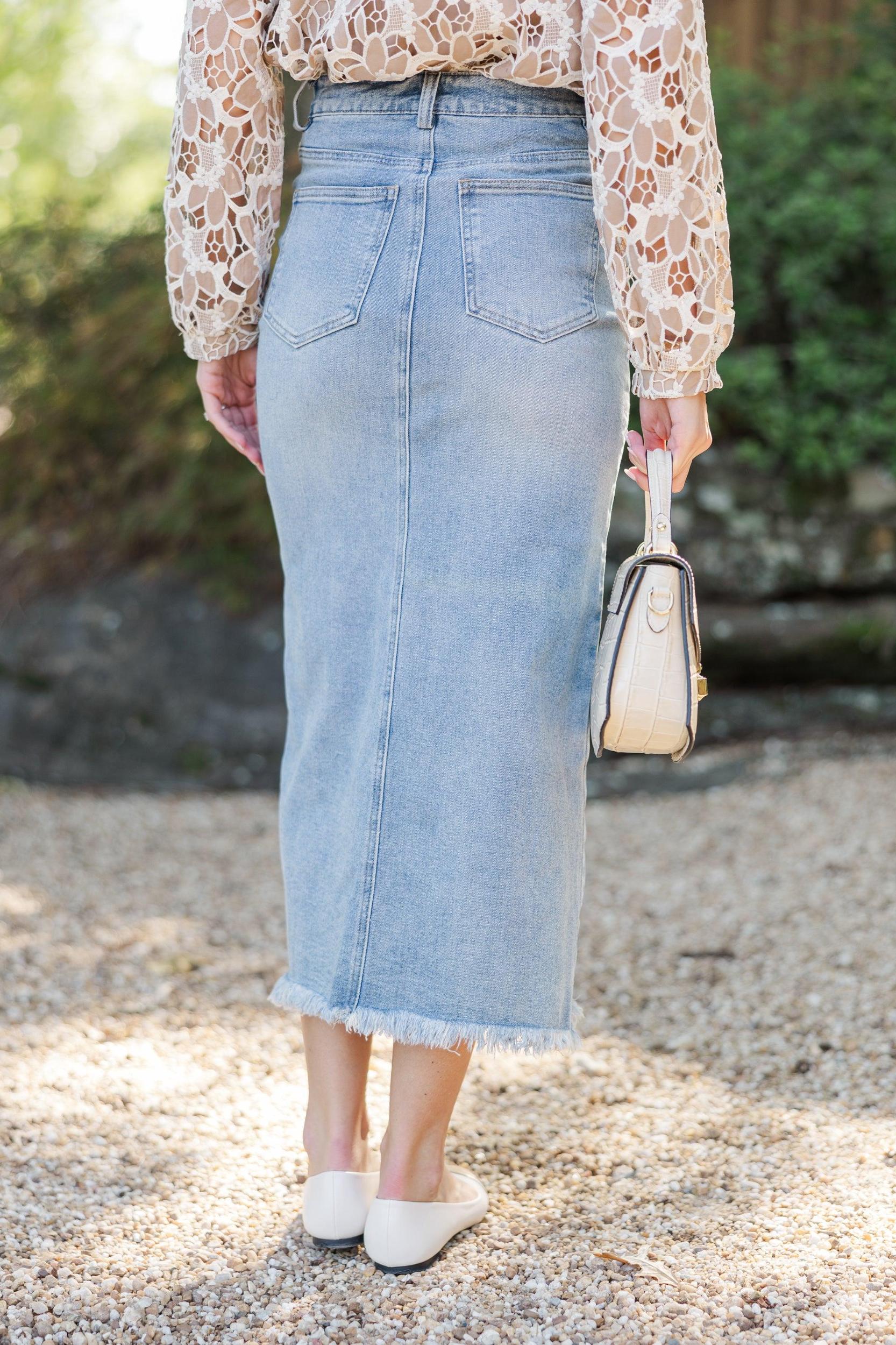 Ready And Radiant Medium Wash Denim Midi Skirt Female Product Image