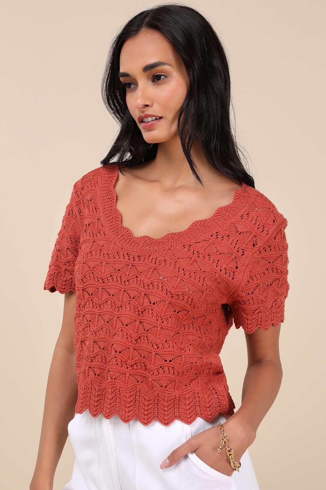 Sweetest Example Rust Orange Pointelle Knit Short Sleeve Top Product Image