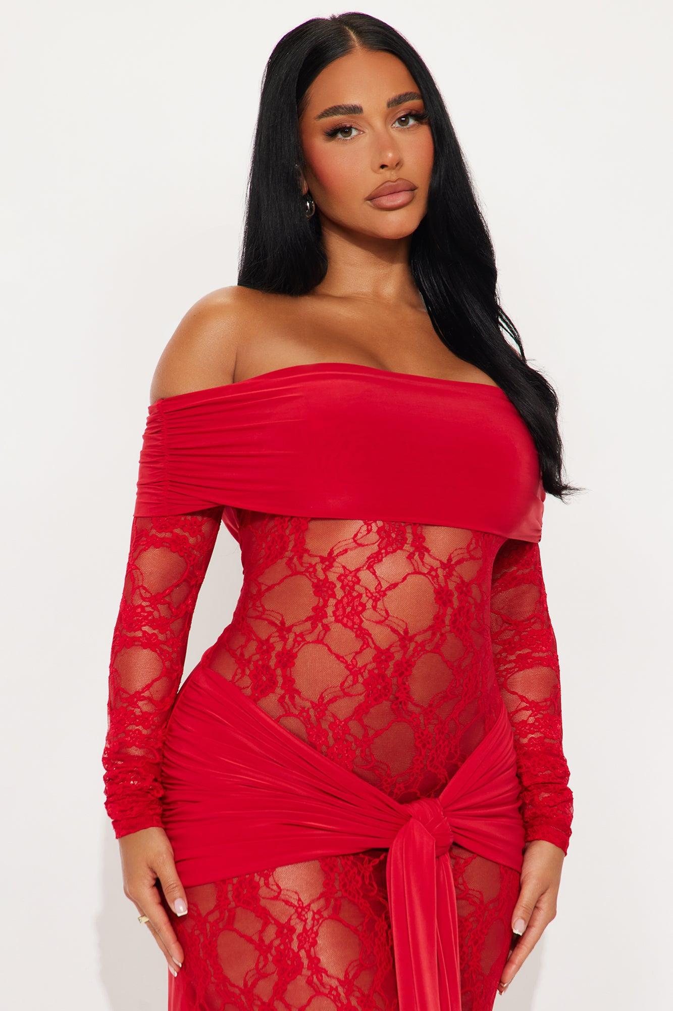 Shelly Lace Off Shoulder Maxi Dress - Red Female Product Image