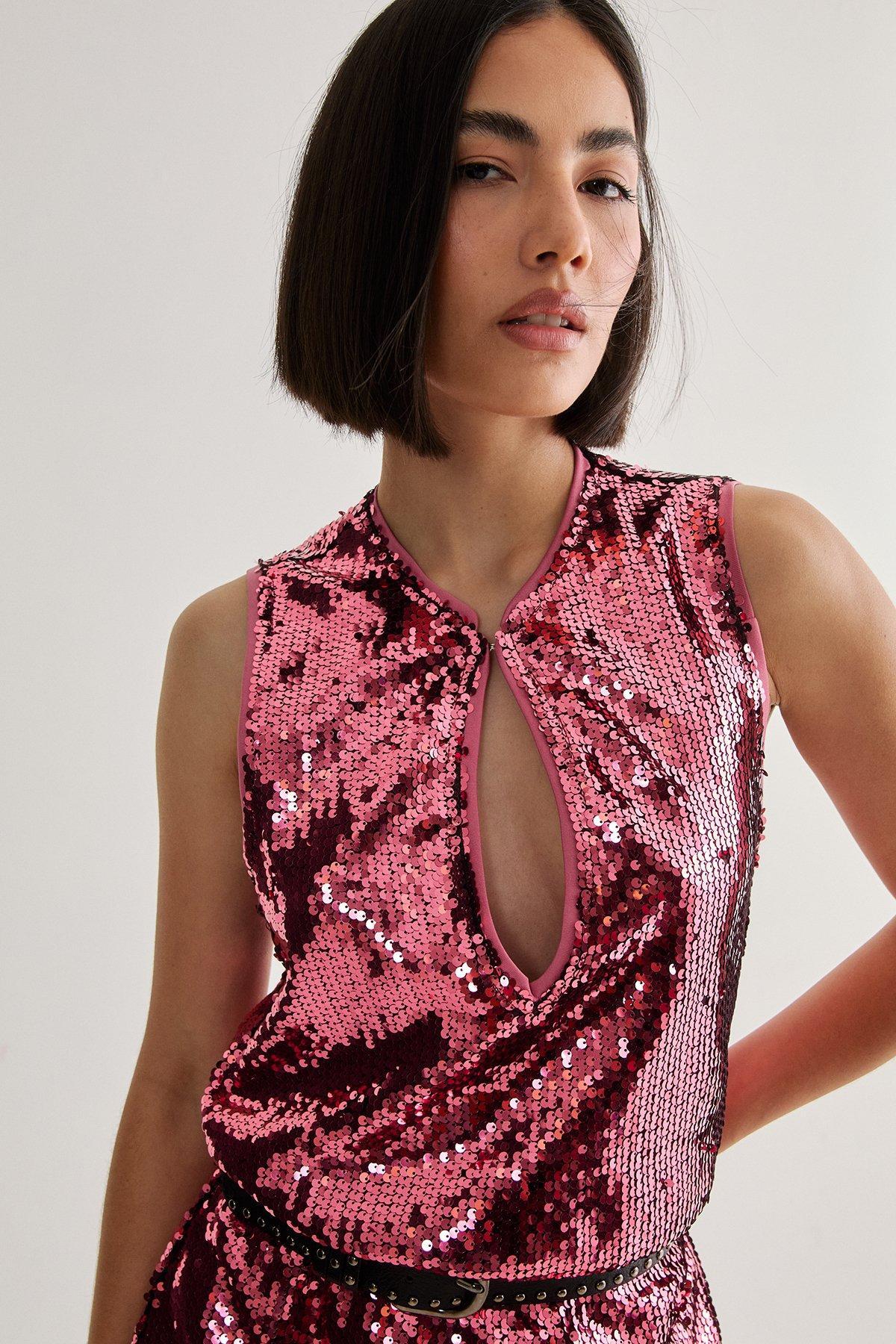 Sequin Plunge Keyhole Blouson Mini Dress Product Image
