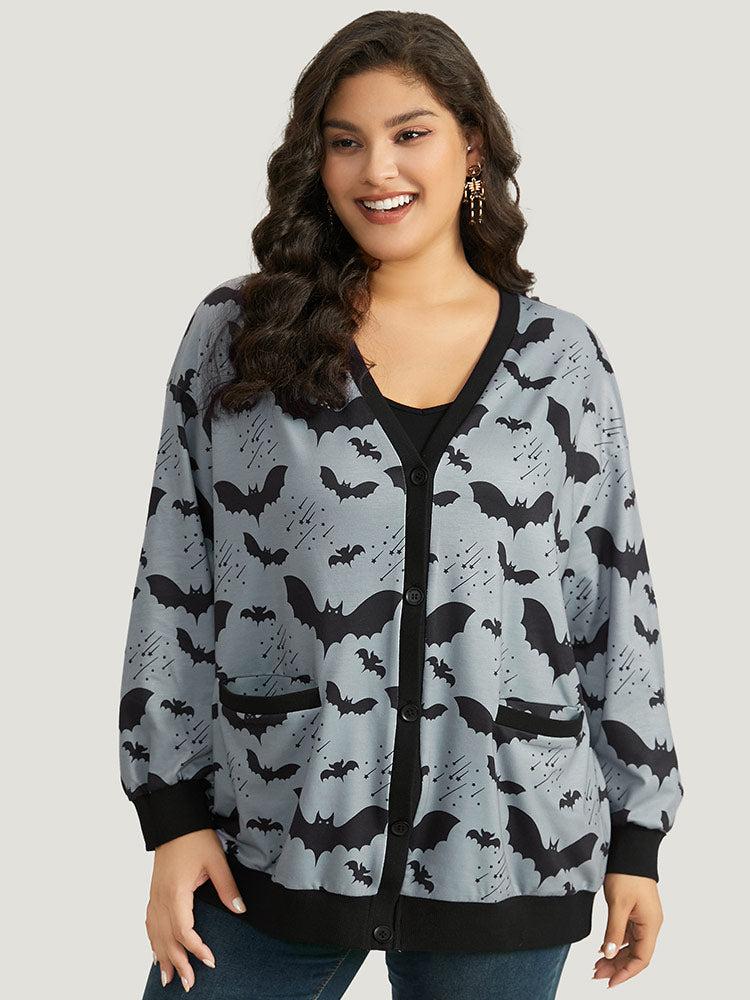 Halloween Bat Print Pocket Button Up Rib Knit Coat Female Product Image