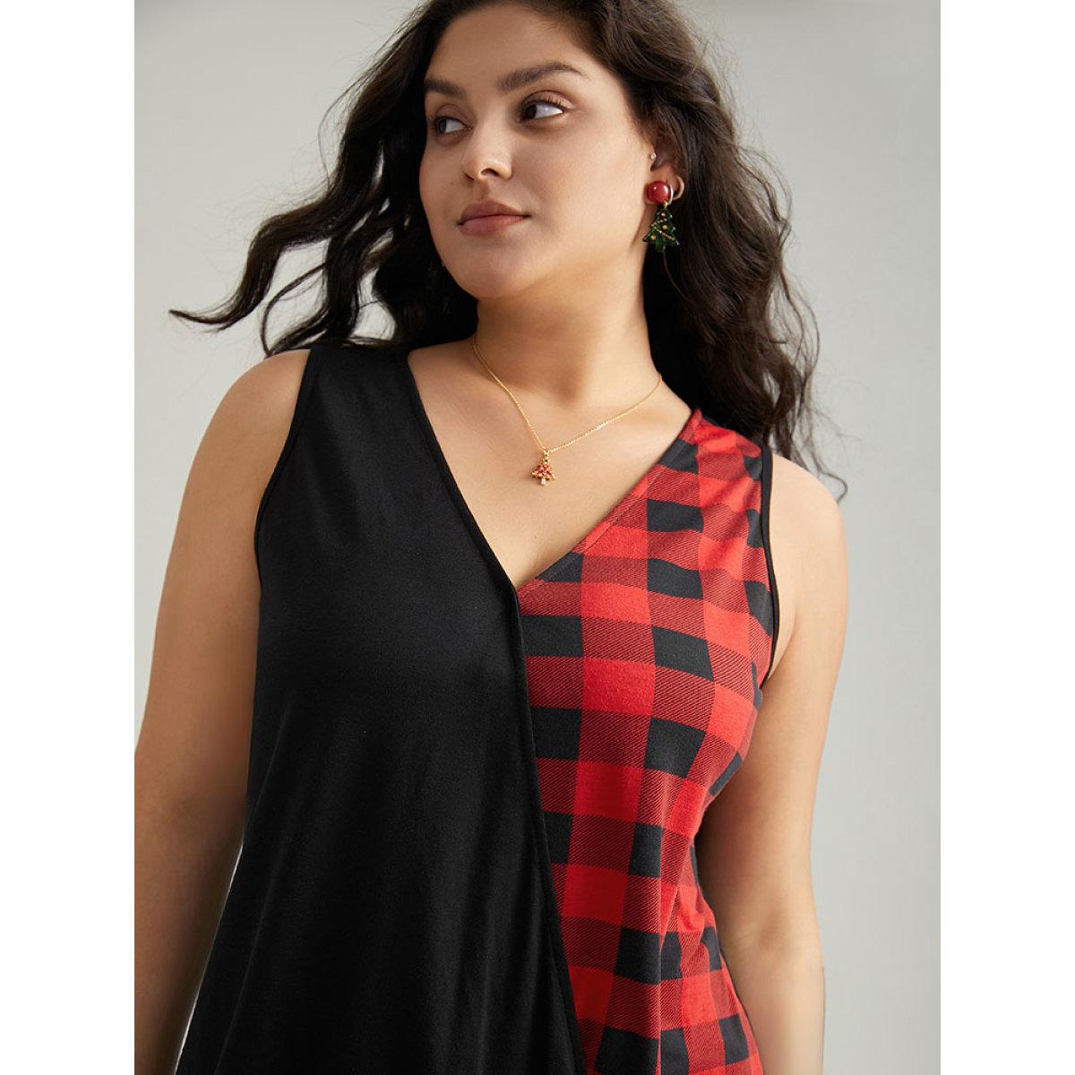Plus Size V Neck Plaid Patchwork Contrast Tank Top Women Black Casual Contrast V-neck Festival-Christmas Tank Tops Camis BloomChic 18-20/2X Product Image