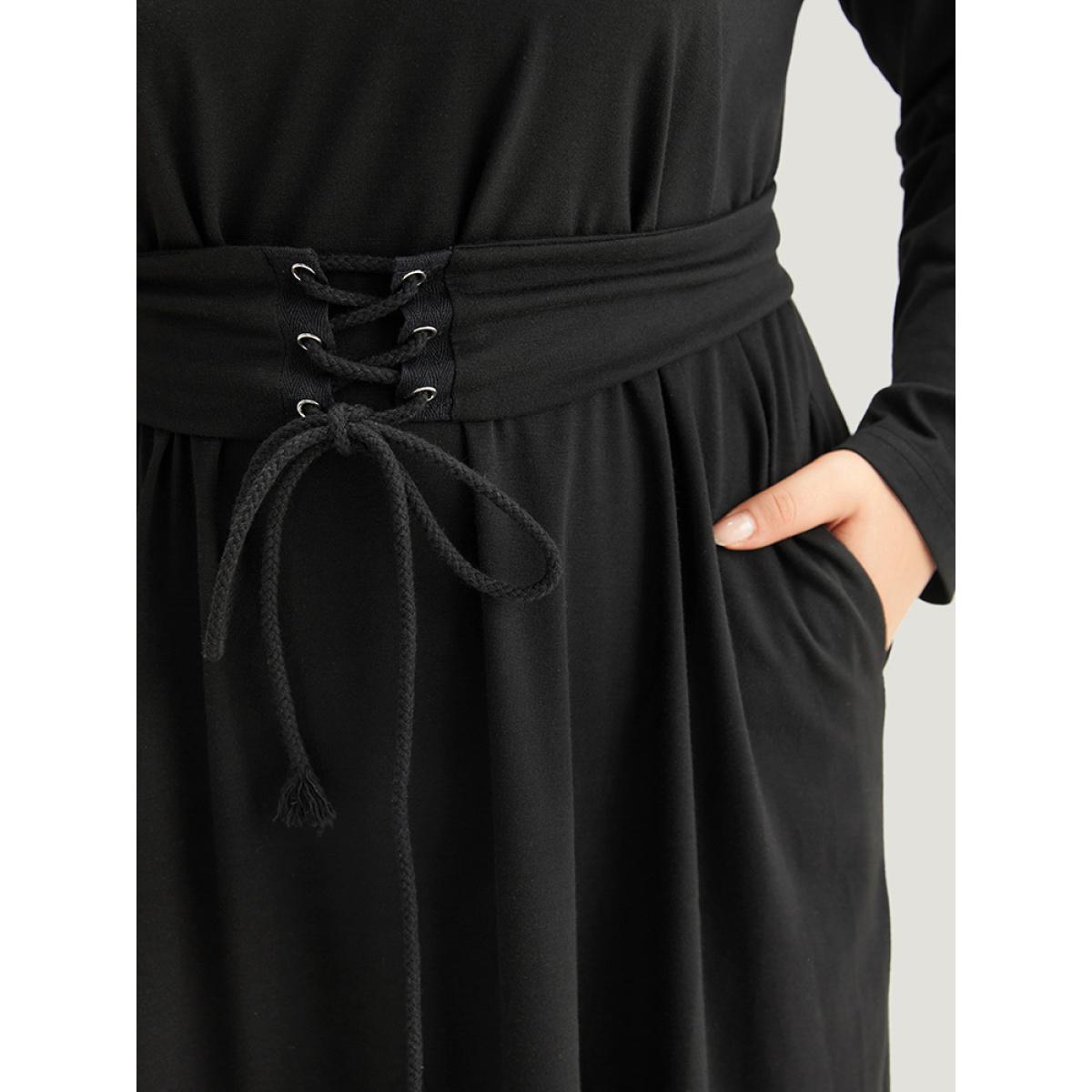 Plus Size Solid Pocket Drawstring Ties Dress Black Women Casual Plain Round Neck Long Sleeve Curvy Knee Dress BloomChic 10/M Product Image