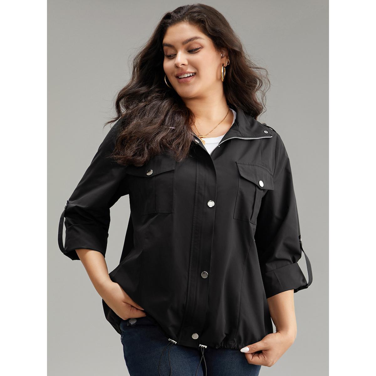 Plus Size Solid Zipper Detail Button Up Drawstring Jacket Women Black Plain Pocket Dailywear Jackets BloomChic 12/L Product Image