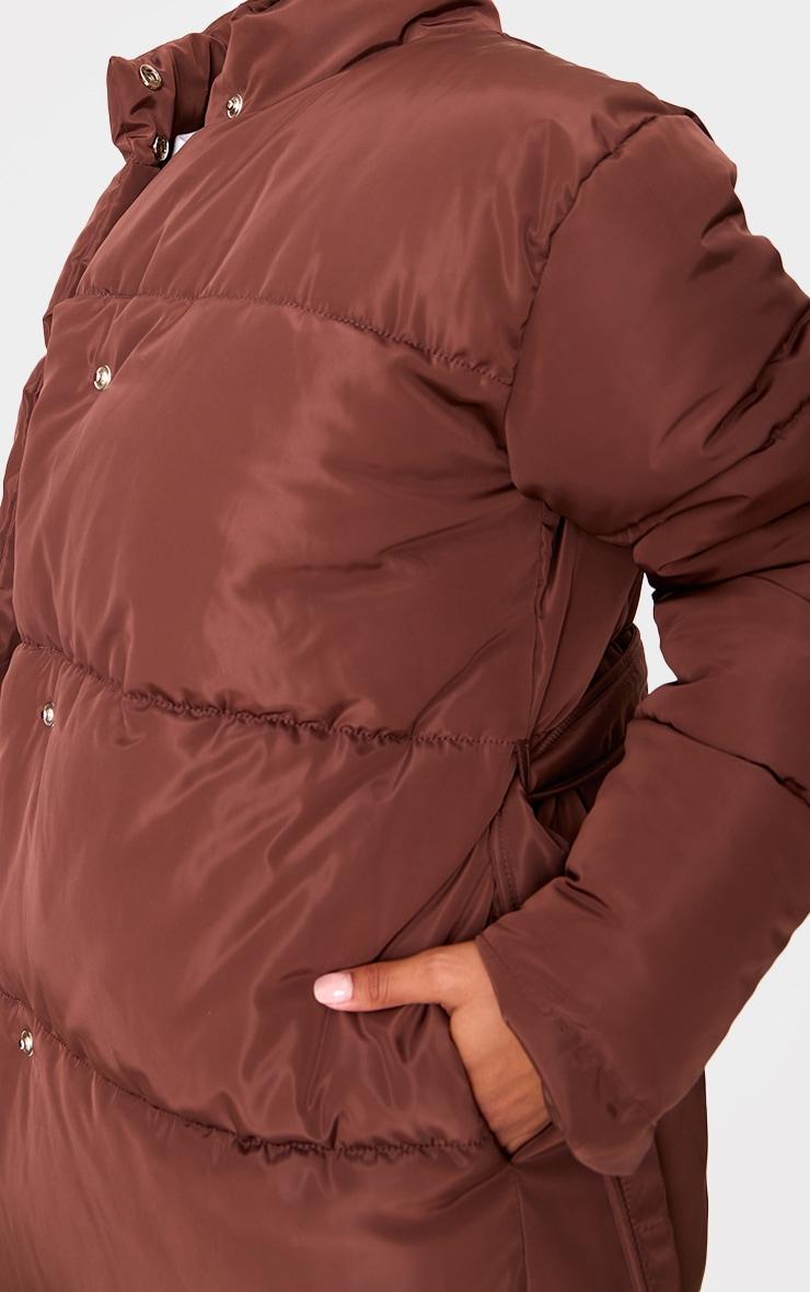 Mocha Quilted Longline Tie Waist Puffer Coat Product Image