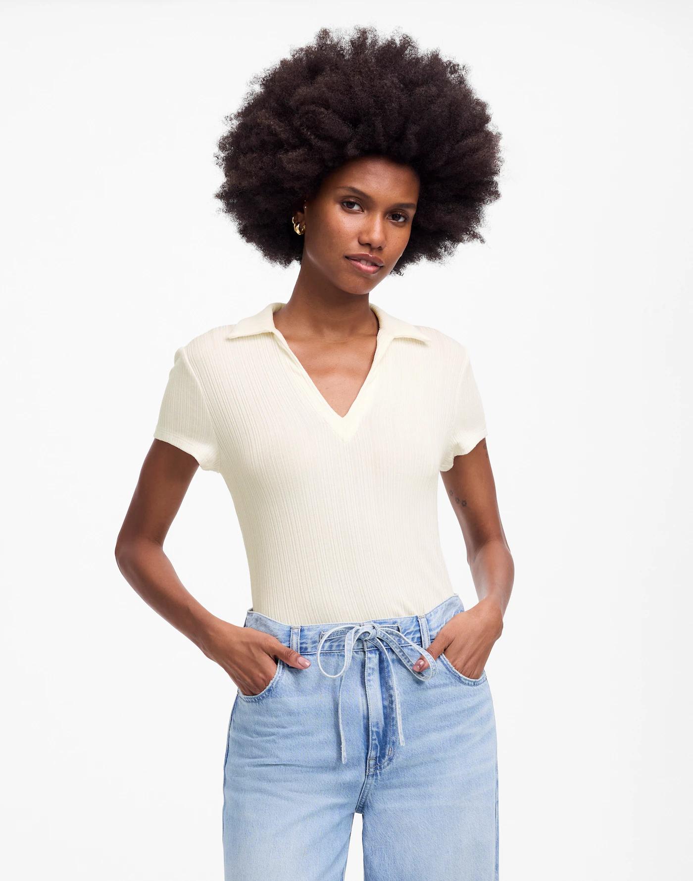 Ribbed V-Neck Polo Tee Product Image