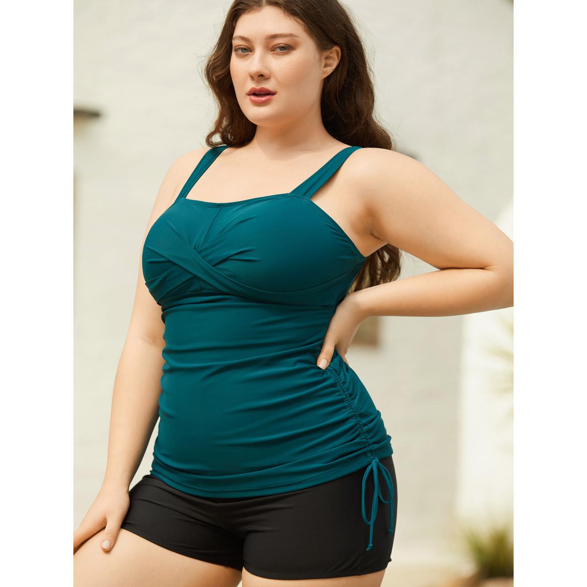 Plus Size Twist Front Ruched Drawstring Swim Top Women's Swimwear Cyan Beach Twist High stretch Skinny Heart neckline Curve Swim Tops BloomChic 22-24/3X Product Image