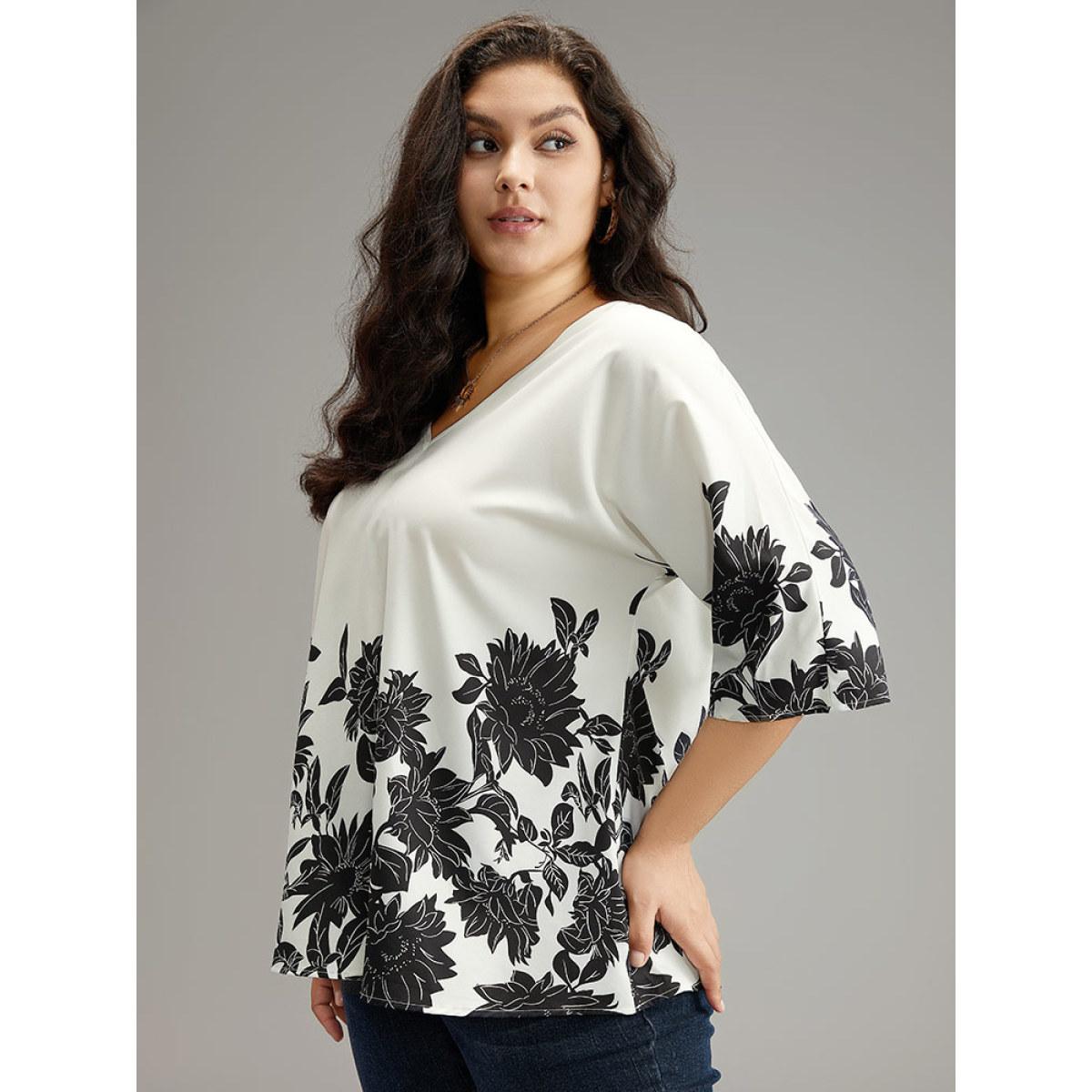 Plus Size White Boho Print V Neck Cut Out Blouse Women Elegant Elbow-length sleeve V-neck Dailywear Blouses BloomChic 22-24/3X Product Image