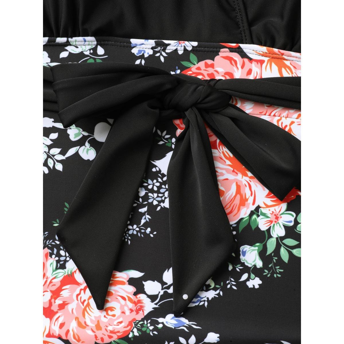 Plus Size Floral Print Ruched Belted One-Piece Swimsuit Women's Swimwear Black Beach Tie knot Curve Bathing Suits High stretch One Pieces BloomChic 14-16/1X Product Image