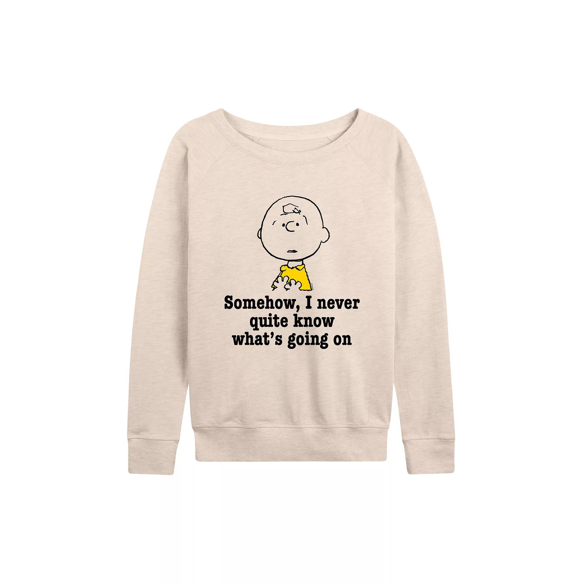 Women's Peanuts Charlie Brown What's Going On French Terry Long Sleeve Tee, Girl's,  Product Image