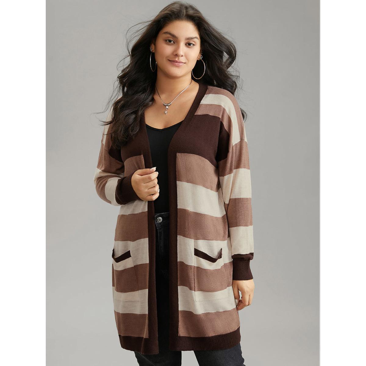 Plus Size Supersoft Essentials Colorblock Contrast Pocket Cardigan DarkBrown Women Casual Loose Long Sleeve Dailywear Cardigans BloomChic 26/4X Product Image