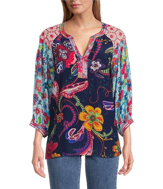 John Mark Embroidered Mixed Floral Print Split V-Neck 3/4 Sleeve Popover Top Product Image