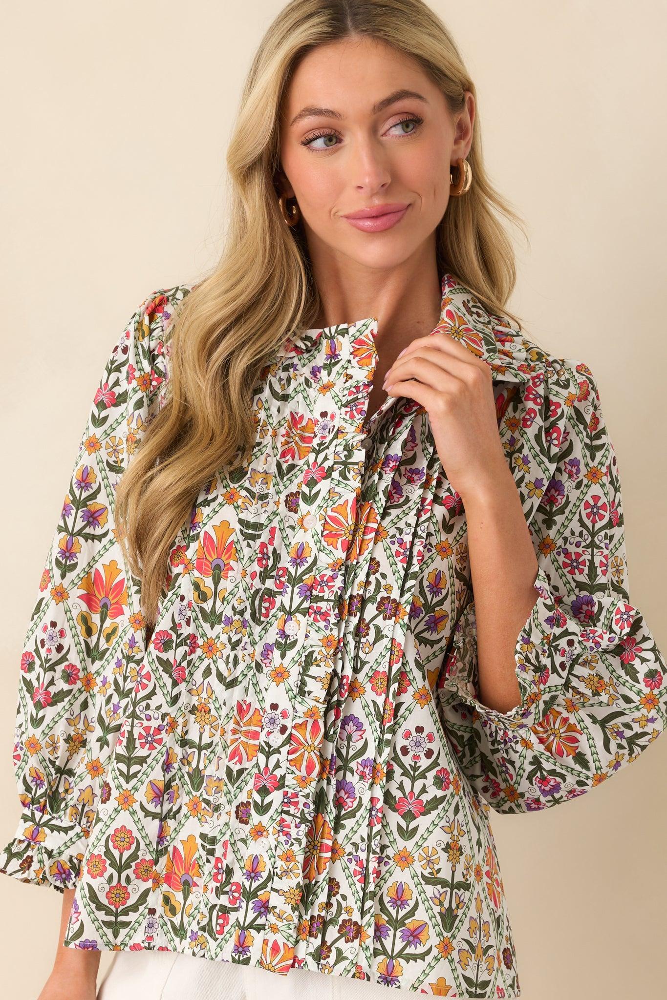 Seems Like It Red Multi Print Cotton Button Front Top Product Image