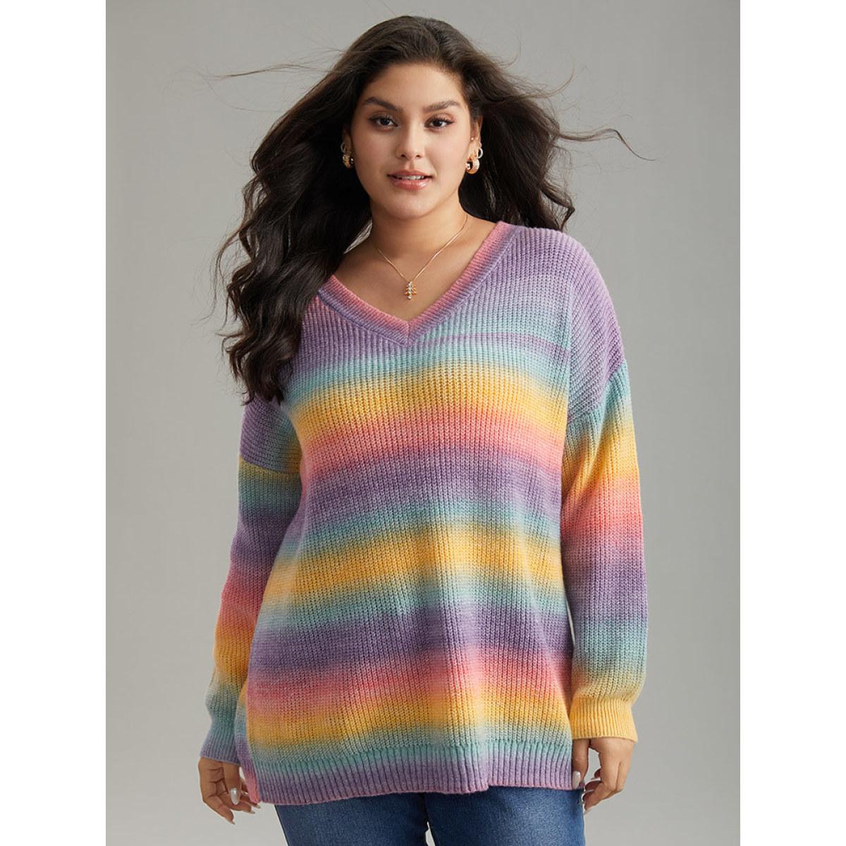 Plus Size Rainbow Ombre V Neck Loose Pullover Multicolor Women Casual Loose Long Sleeve V-neck Everyday Pullovers BloomChic 26/4X Product Image