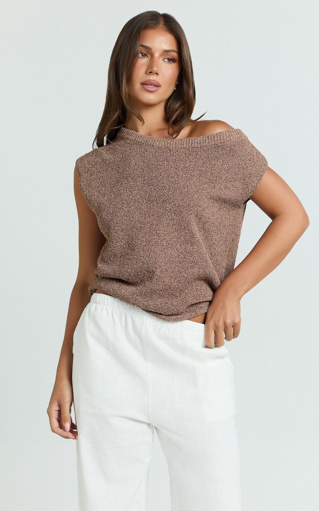 Marilou Top - Knit Off Shoulder Top in Brown Product Image