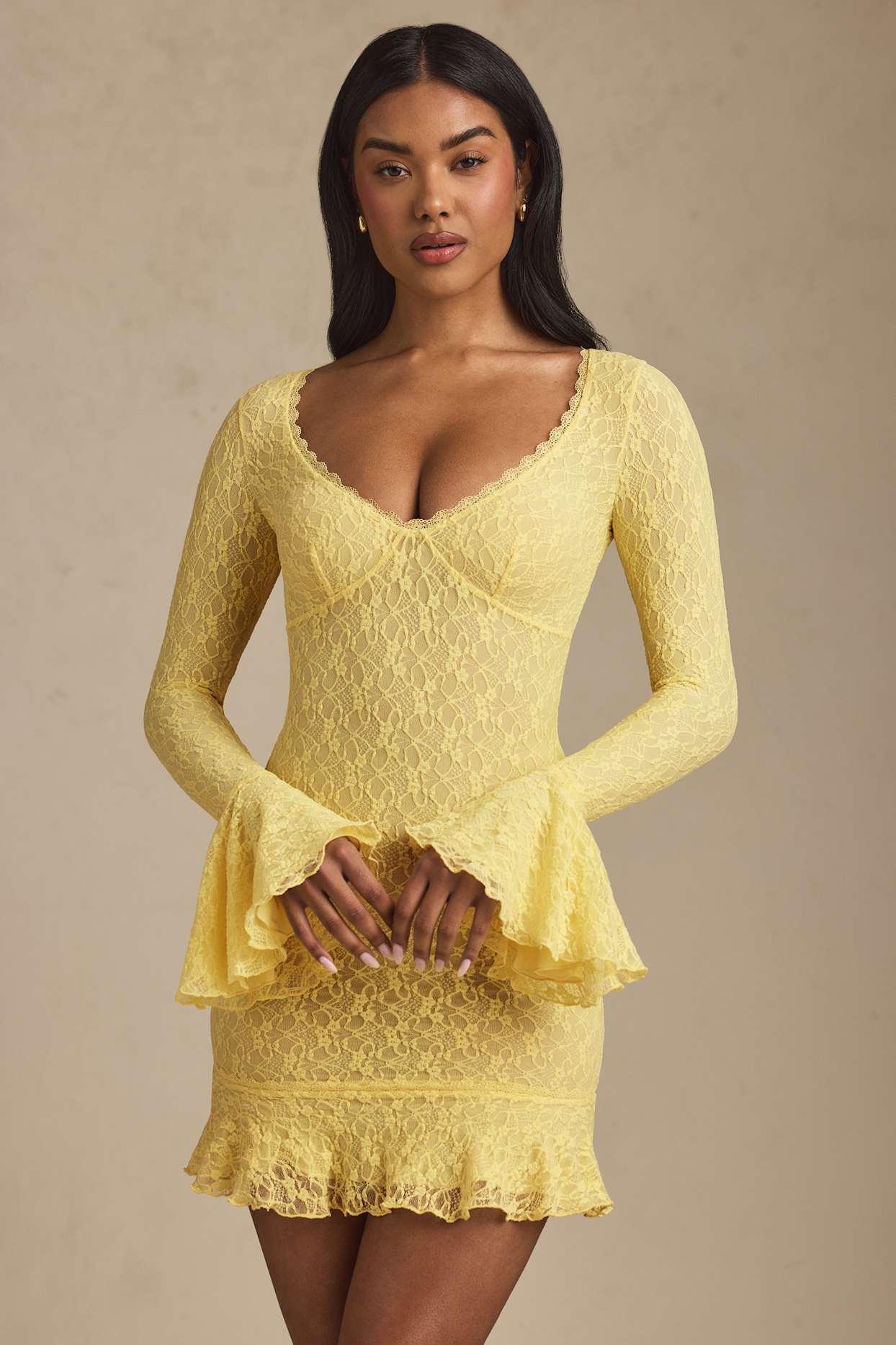 Long-Sleeve Ruffled Lace Mini Dress in Pastel Yellow Product Image