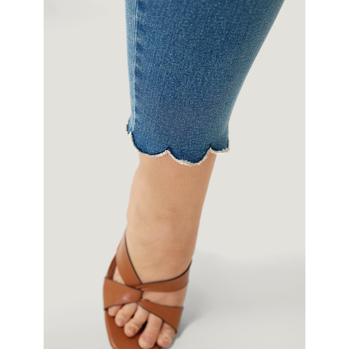 Plus Size Very Stretchy High Rise Medium Wash Scalloped Hem Jeans Women Blue Casual Plain Embroidered High stretch Pocket Jeans BloomChic 20/2X Product Image