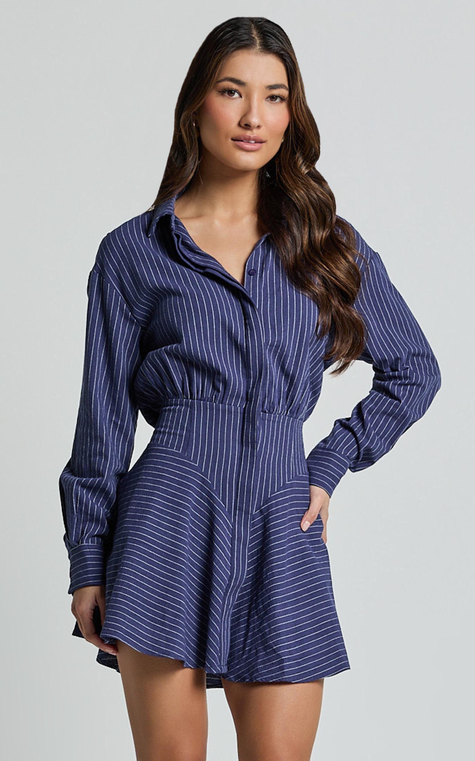 Whitney Mini Dress - Linen Long Sleeve Shirt Dress in Navy Product Image