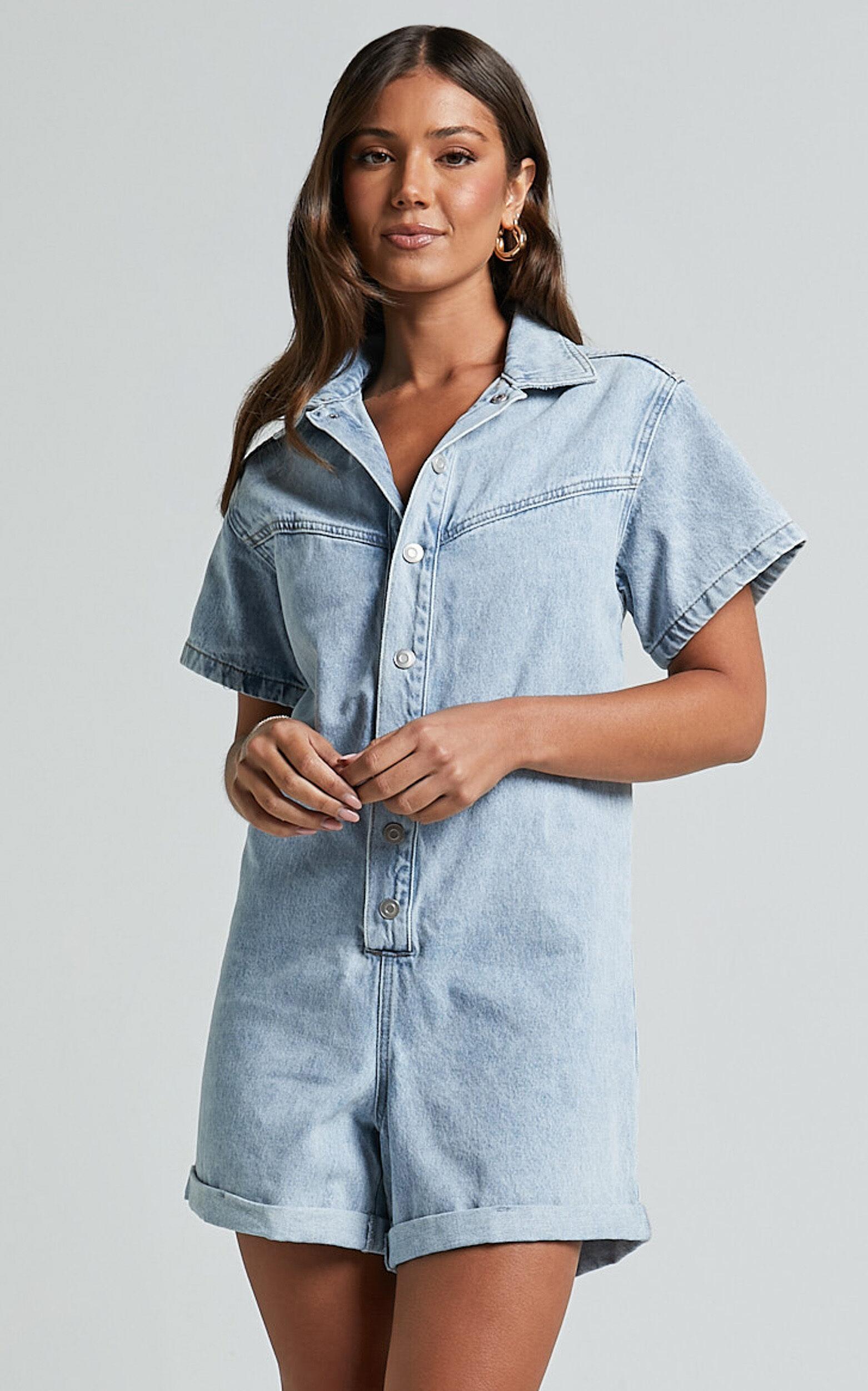 Reid Playsuit - Button Through Denim Playsuit in Light Blue Wash Product Image