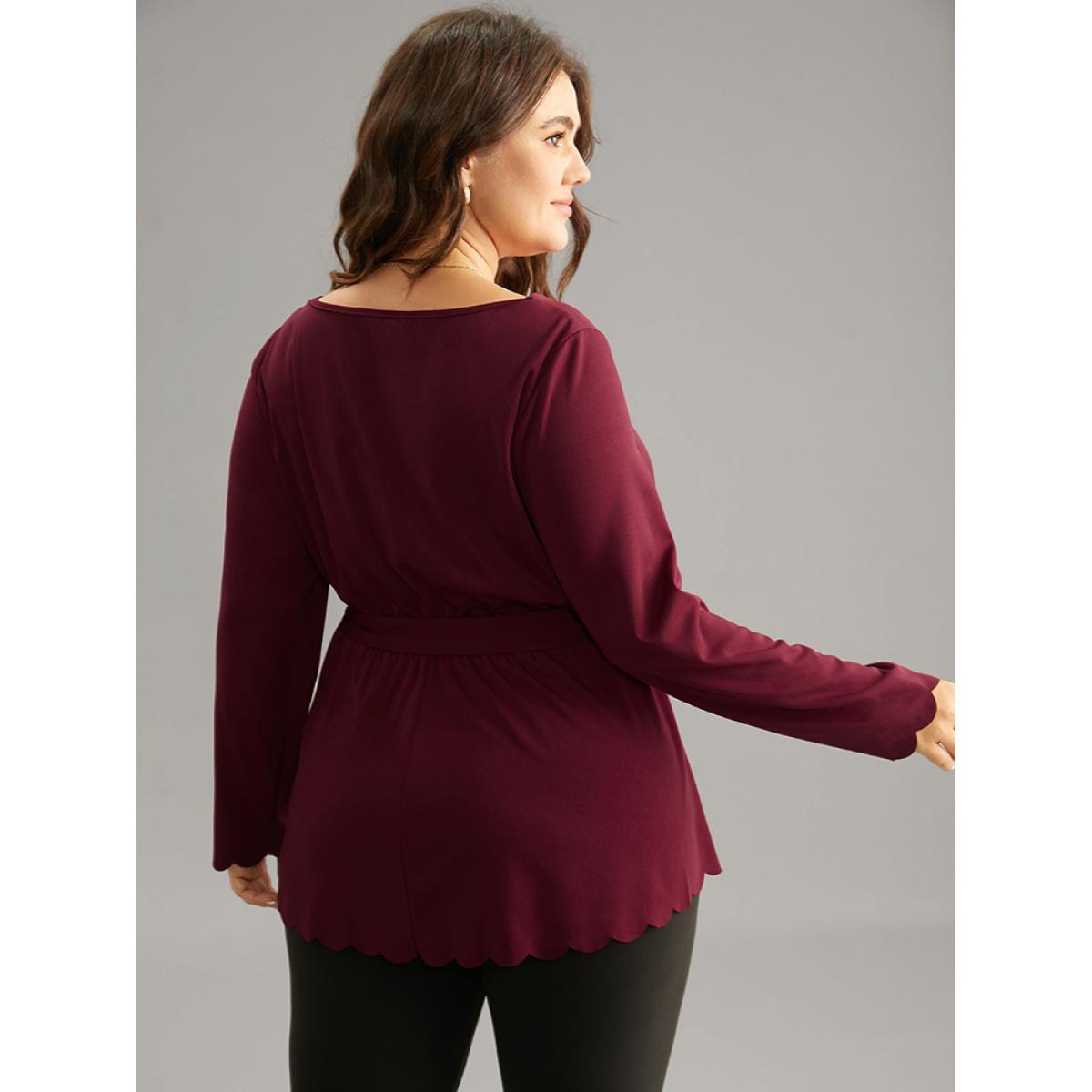 Plus Size Scarlet Solid Scalloped Trim Elastic Waist Belted Blouse Women Office Long Sleeve Round Neck Party Blouses BloomChic 10/M Product Image