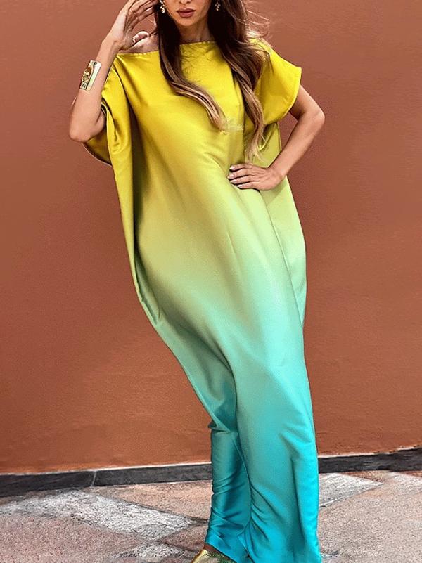 Loose Short Sleeves Gradient One-Shoulder Maxi Dresses Product Image