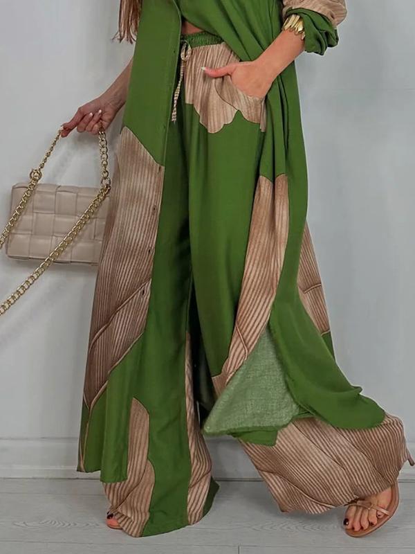 High Waisted Wide Leg Drawstring Elasticity Floral Printed Split-Joint Pants Trousers Product Image