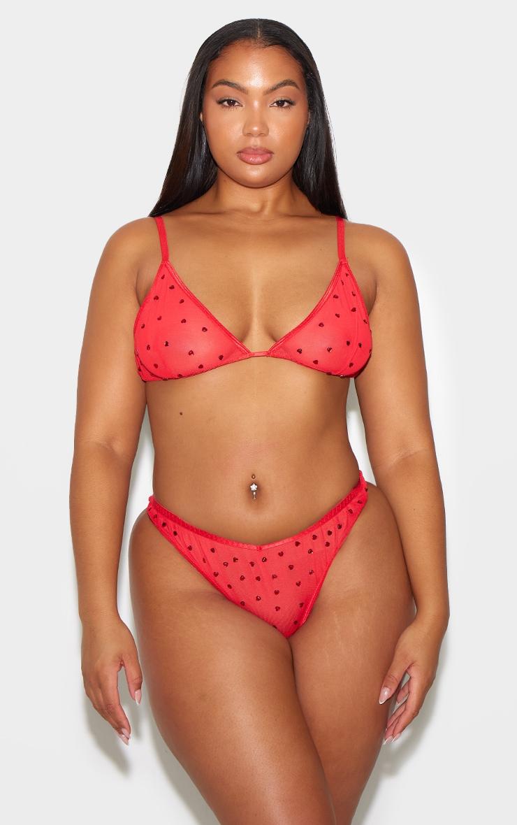Plus Red Diamante Heart Mesh Triangle Bra Product Image