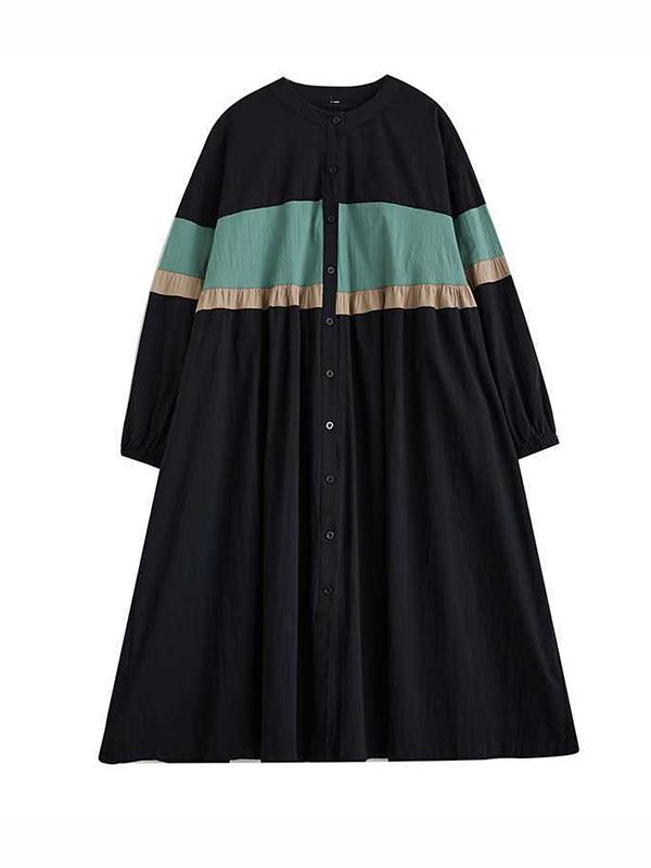 Long Sleeves Loose Buttoned Contrast Color Elasticity Split-Joint Round-neck Midi Dresses Product Image