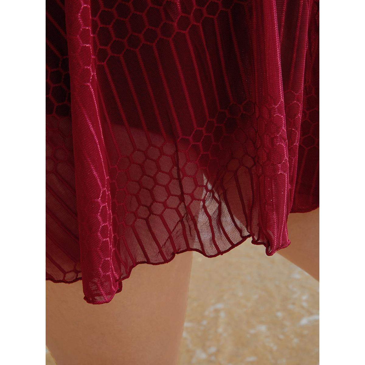 Plus Size Solid Geometric Ruffles Mesh Hem Tankini Top Women's Swimwear Red Vacation Adjustable Straps High stretch Bodycon Spaghetti Strap Curve Swim Tops BloomChic 26/4X Product Image