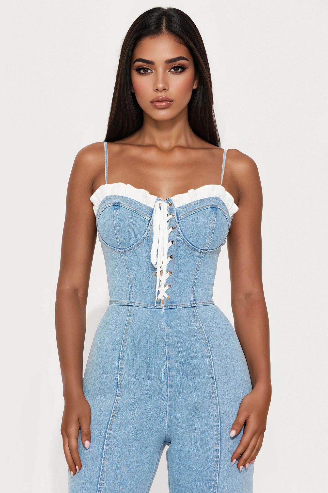 Sweet Side Washed Denim Jumpsuit - Light Wash Female Product Image