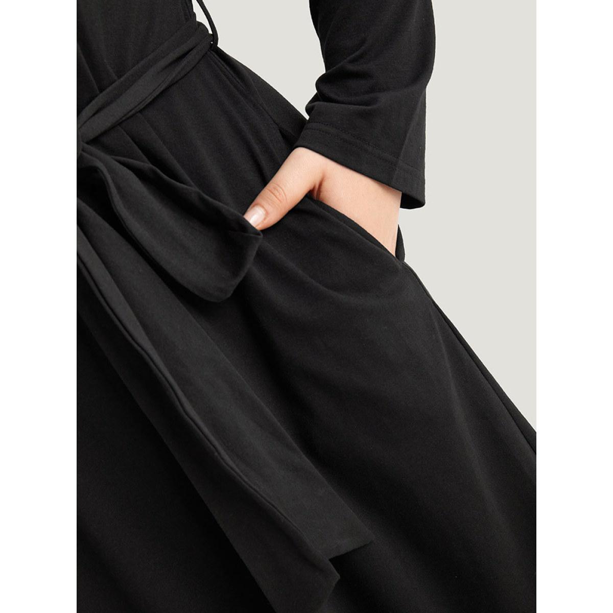 Plus Size Colorblock Patchwork Zipper Belted Dress Black Women Casual Belted Round Neck Long Sleeve Curvy Midi Dress BloomChic 30/6X Product Image