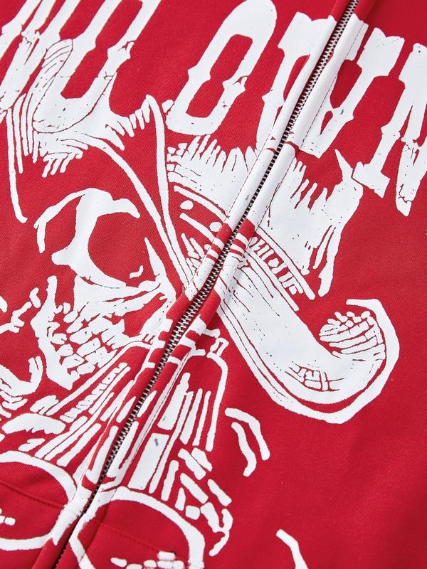 Red Vintage Print Zip Up Oversized Hoodie Product Image