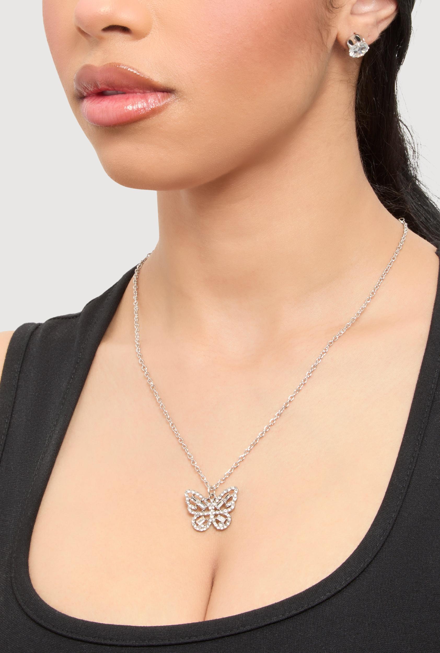 Cubic Zirconia Butterfly Charm Necklace and Stud Earrings Unisex Product Image