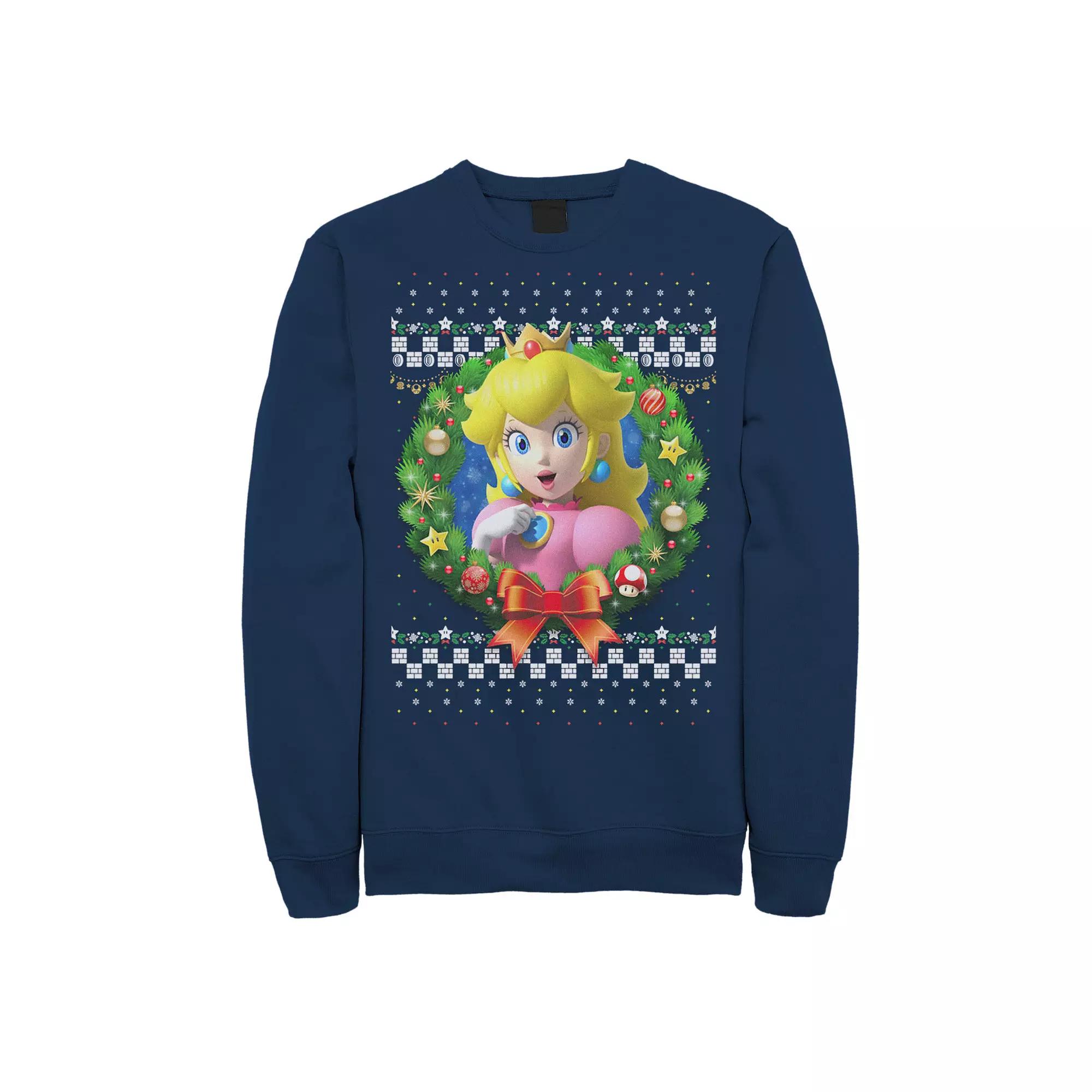 Men's Nintendo Super Mario 3D Peach Christmas Wreath Graphic Fleece Sweatshirt, Size: Large, Blue Product Image