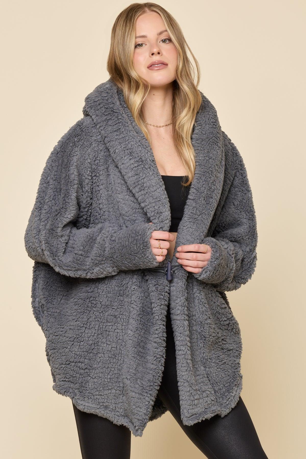 Faux Sherpa Cocoon Coat - Cool Grey Product Image