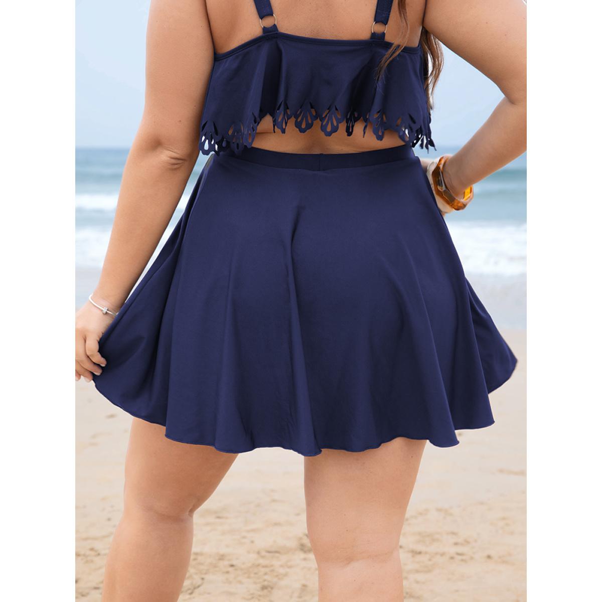 Plus Size Solid Pocket Ruffles Swim Skirt Women's Swimwear Indigo Beach Non High stretch Bodycon High Rise Slanted pocket Curve Swim Bottoms BloomChic 12/L Product Image