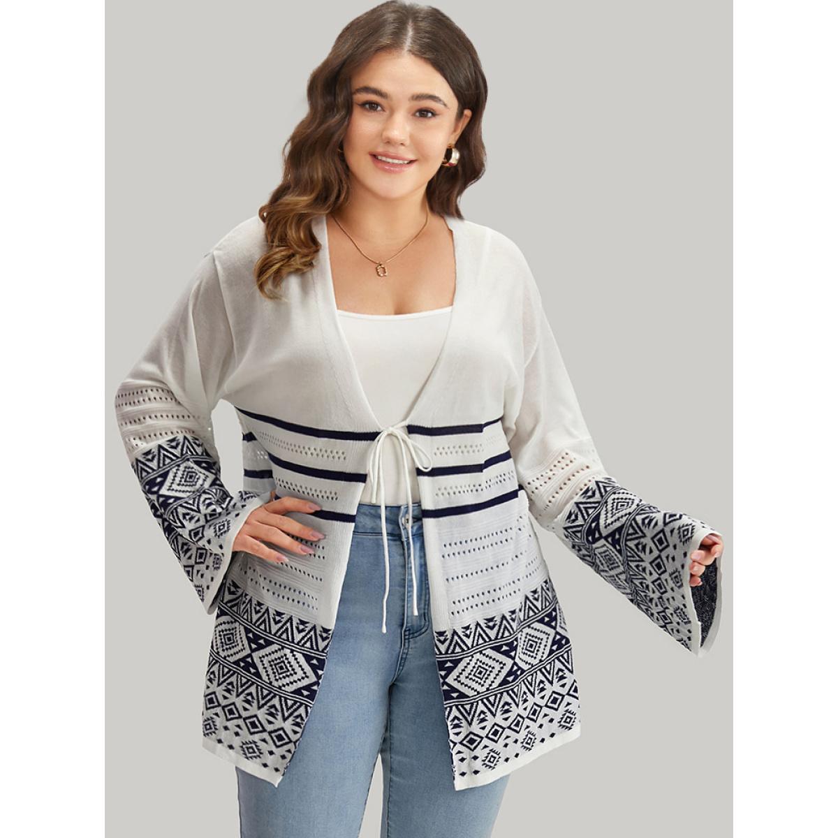 Plus Size Bandana Print Geo Eyelet Ties Front Cardigan WhiteSmoke Women Casual Loose Long Sleeve Everyday Cardigans BloomChic 18-20/2X Product Image