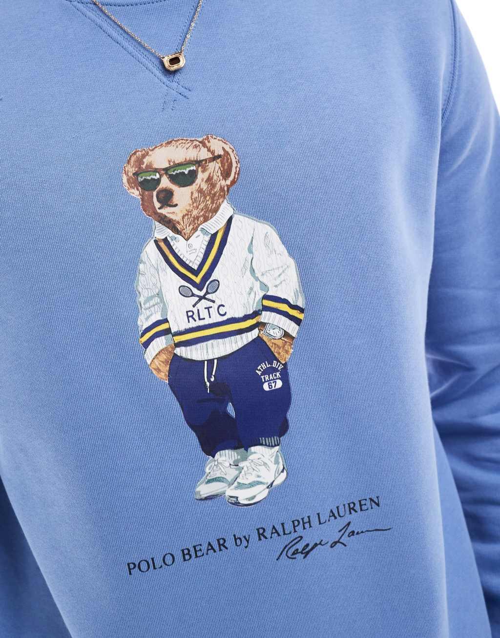 Polo Ralph Lauren campus bear print fleece sweatshirt in mid blue Product Image