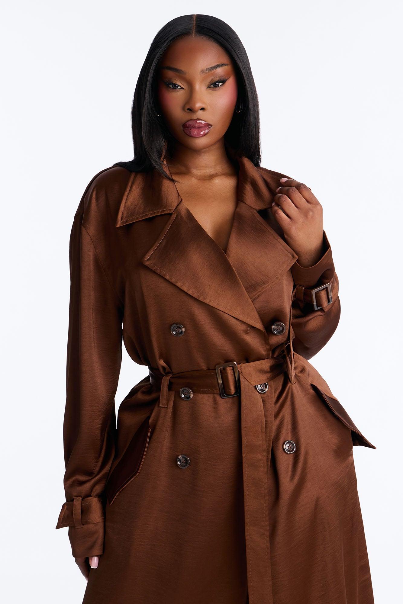 Romance Me Satin Trench Coat - Brown Female Product Image