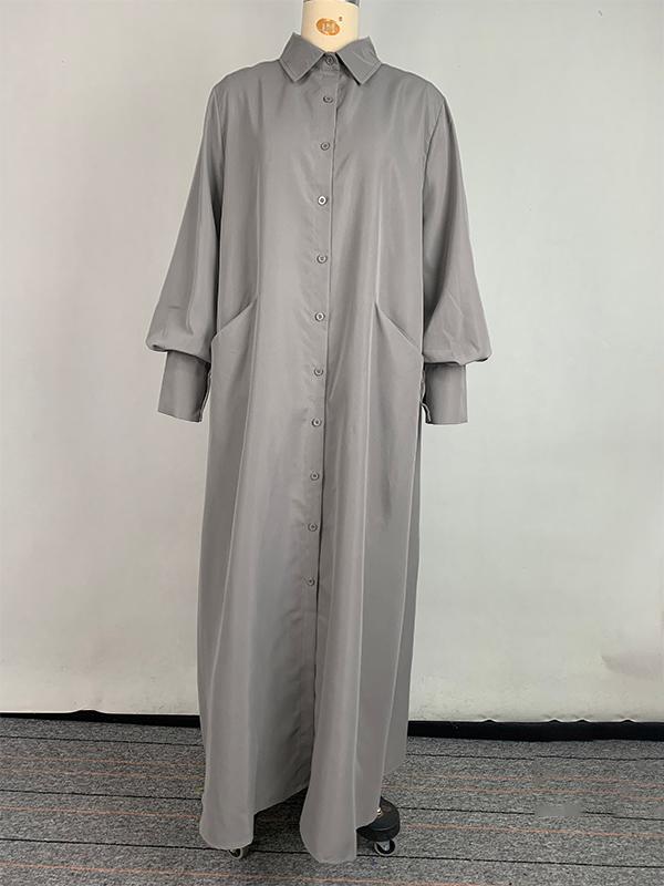 Long Sleeves Loose Solid Color Split-Joint Split-Side Lapel Maxi Dresses Shirt Dress Product Image