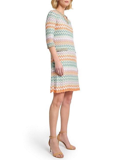 MISOOK Pointelle Zigzag Knit Split V-Neck Elbow Sleeve Shift Dress Product Image