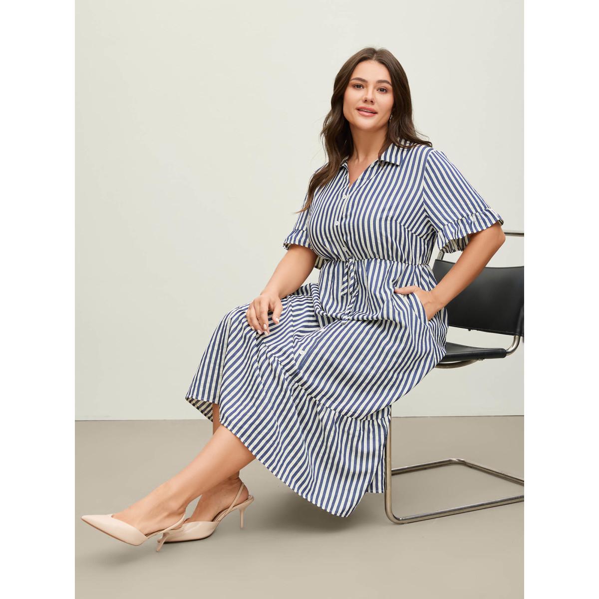 Plus Size Striped Tie-Front Midi Shirt Dress DarkBlue Women Shirt collar Short sleeve Curvy BloomChic 10/M Product Image