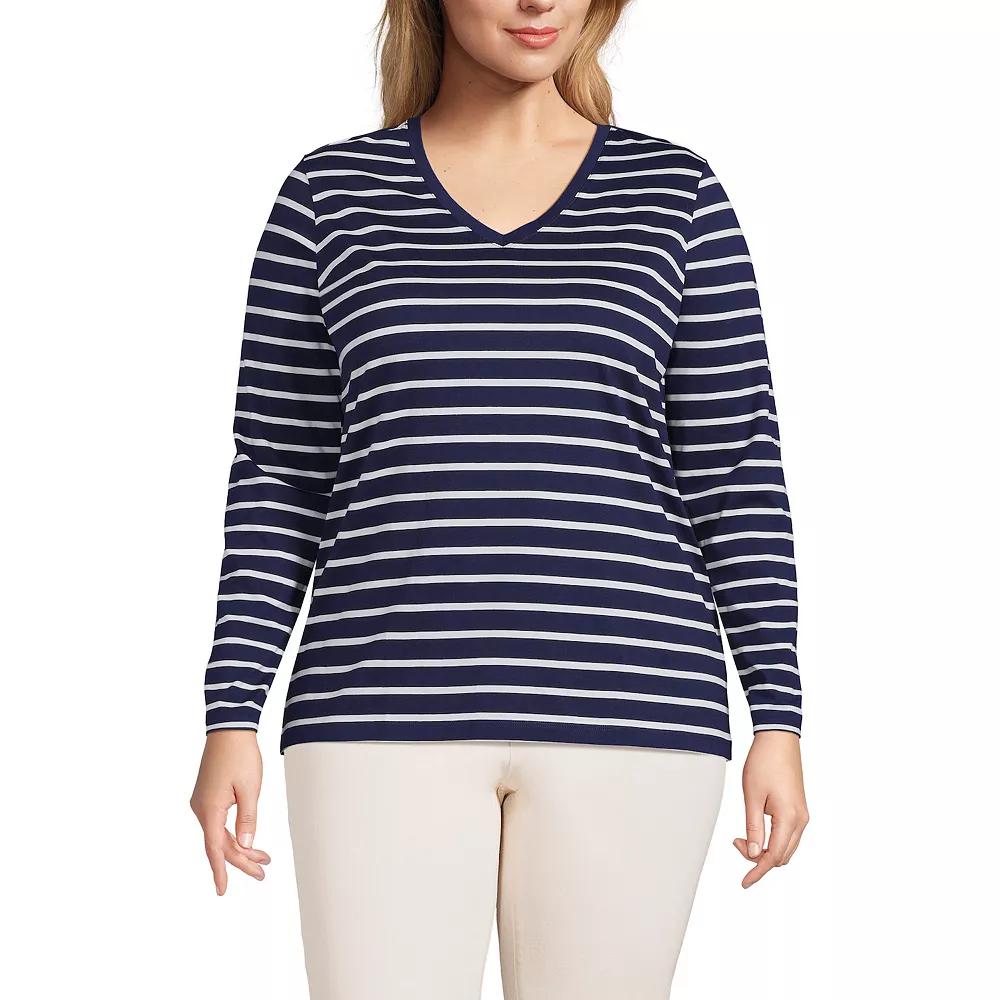 Plus Size Lands' End Long Sleeve Relaxed-Fit Supima Cotton V-Neck Tee, Women's, Size: 3XL, Blue Breton Stripe Product Image