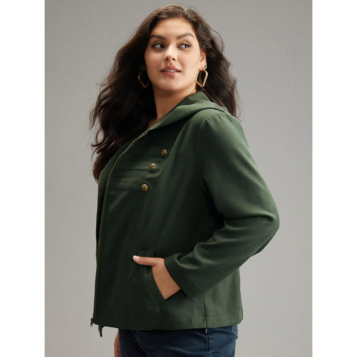 Plus Size Solid Metal Detail Hooded Zipper Jacket Women ArmyGreen Casual Plain Ladies Everyday Winter Coats BloomChic 26/4X Product Image