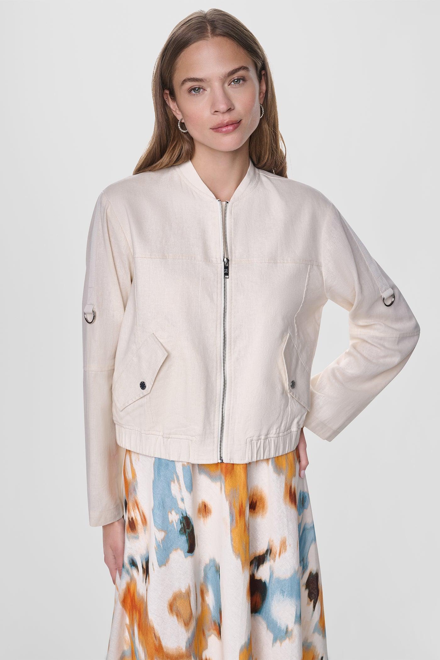 LINEN-BLEND ROLL-TAB SLEEVE BOMBER JACKET Product Image