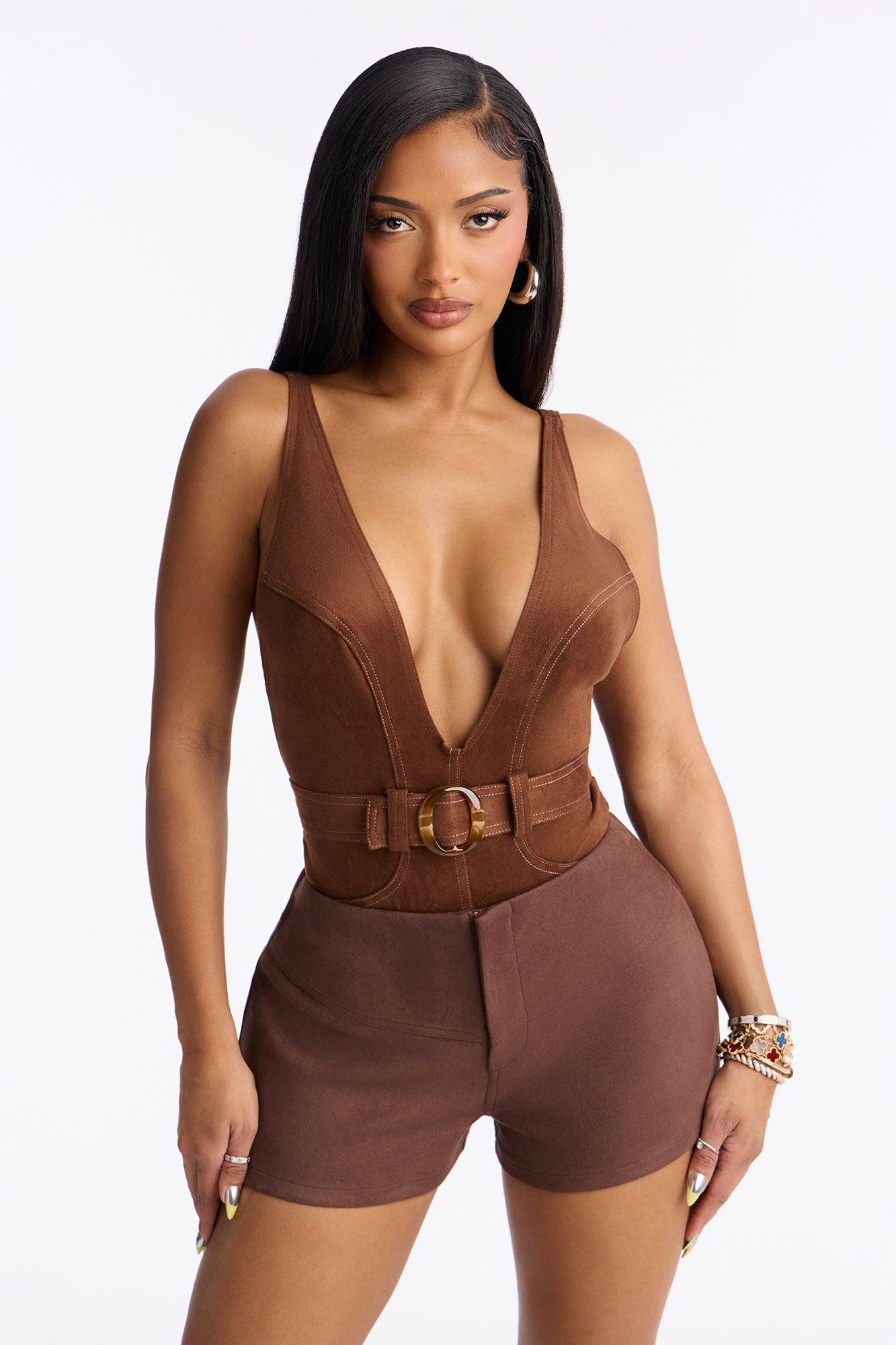 Hailey Faux Suede Belted Bodysuit - Brown Female Product Image