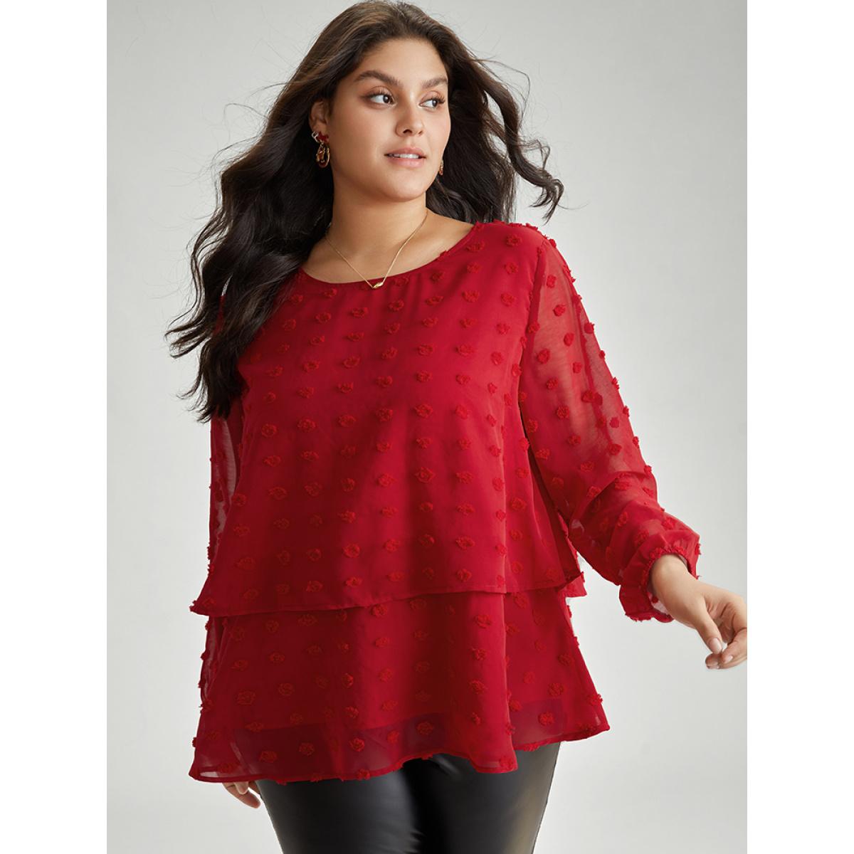 Plus Size Scarlet Solid Textured Lantern Sleeve Tiered Hem Blouse Women Elegant Long Sleeve Round Neck Everyday Blouses BloomChic 14-16/1X Product Image